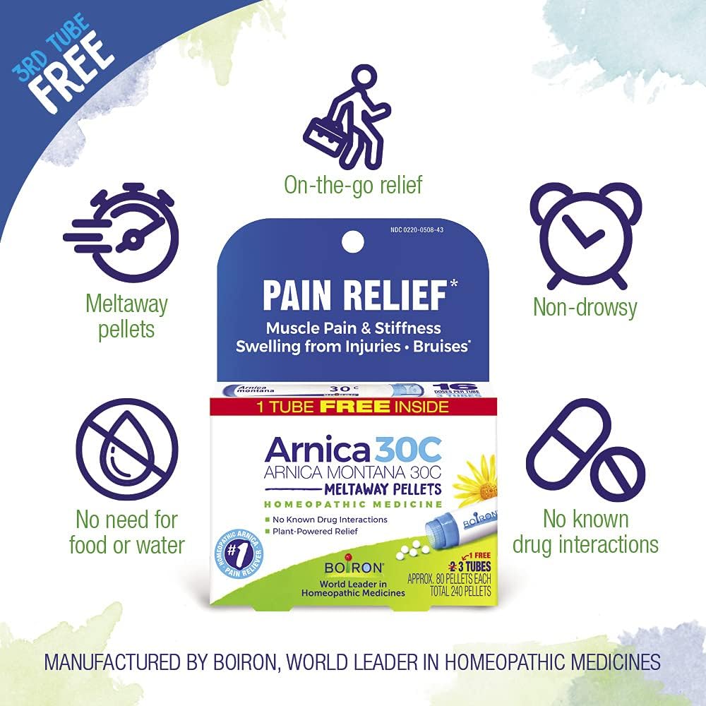Boiron Arnica Montana 30C Homeopathic Medicine for Relief from Muscle Pain, Muscle Stiffness, Swelling from Injury, and Discoloration from Bruises - 3 Count (240 Pellets) 24Hr Smart